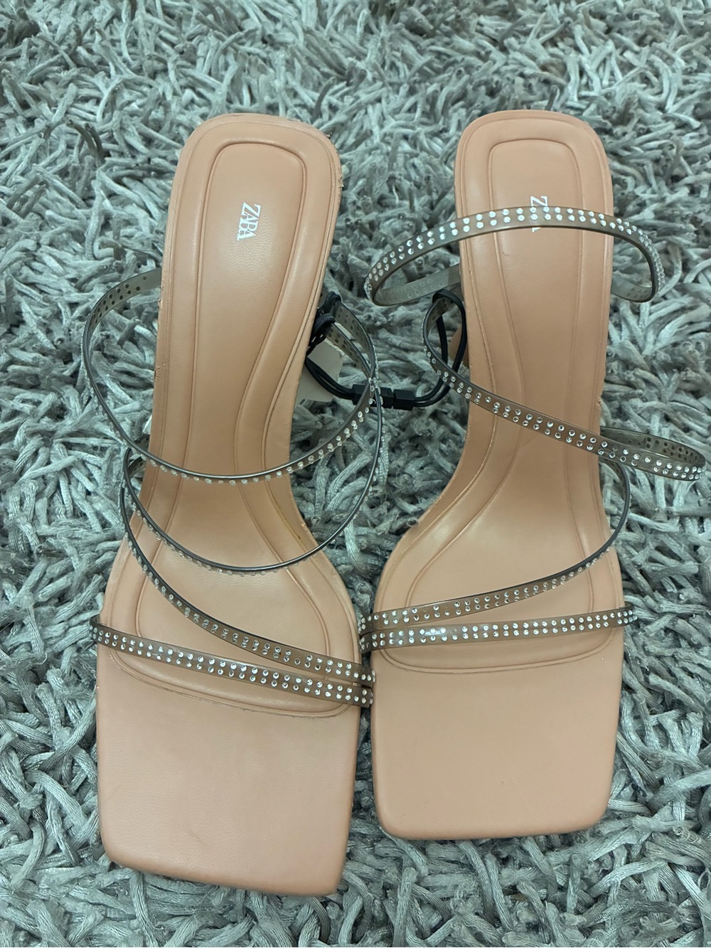 Zara Blush Nude Square-Toe Strappy Heels with Crystal Straps
